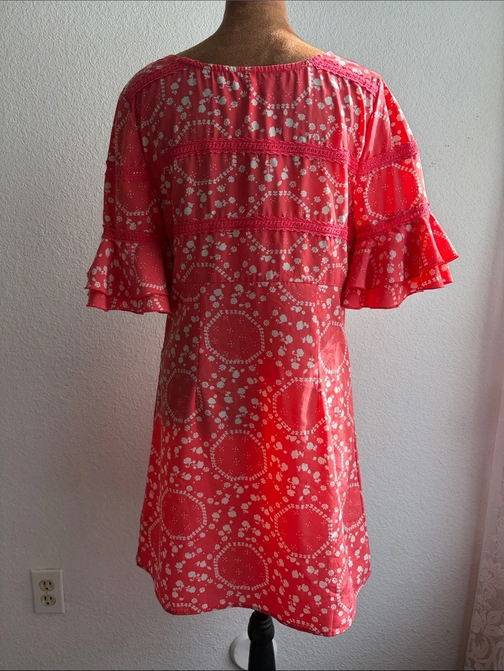 NWT Vintage Free People Mini Dress Coral Floral Sz 8 Ruffle-Sleeve MSRP $128